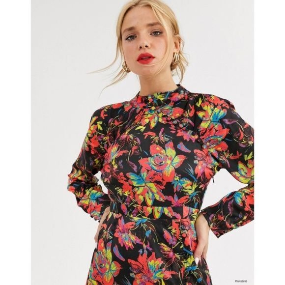 ASOS dusty Daze mini dress with high collar and clasps in dark floral print long - Picture 5 of 6
